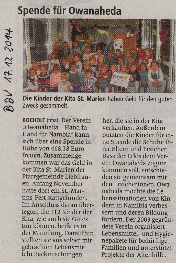 KiTa St. Marien spendet für OWANAHEDA